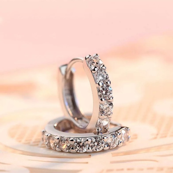 Sterling Silver CZ Diamond Huggie Hoop Earrings - Picture 7 of 9